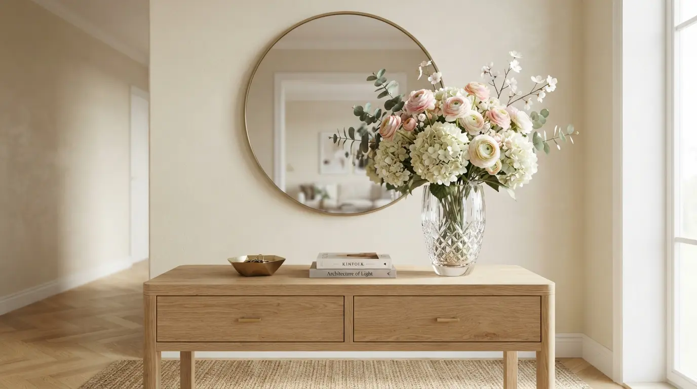 Consola de entrada de madera clara decorada con un jarrón de cristal y flores artificiales realistas que aportan luz y elegancia al recibidor.