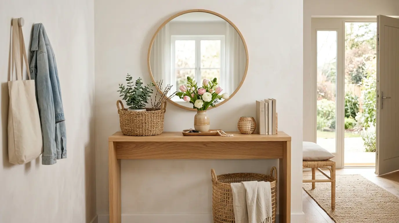 Consola de madera clara en un recibidor primaveral con espejo circular y detalles decorativos de mimbre siguiendo las tendencias de 2026.