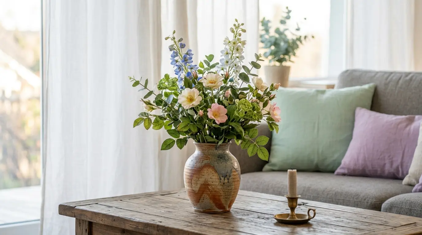 Jarrón artesanal con flores artificiales realistas sobre una mesa de centro de madera, aportando frescor natural al interior del hogar.