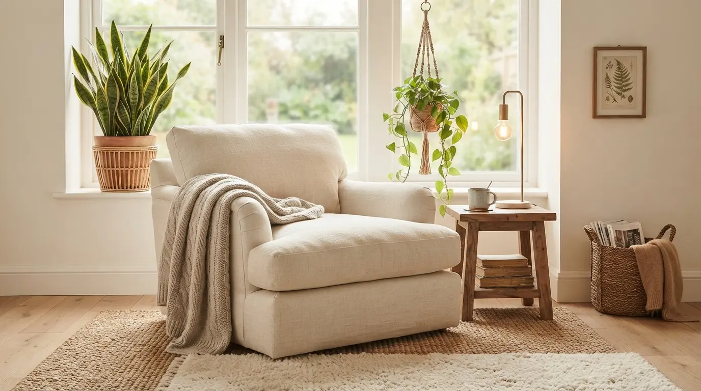 Rincón de lectura acogedor con butaca tapizada en crudo y decoración con plantas de interior, como la Sansevieria y el Poto, en maceteros de fibras naturales.