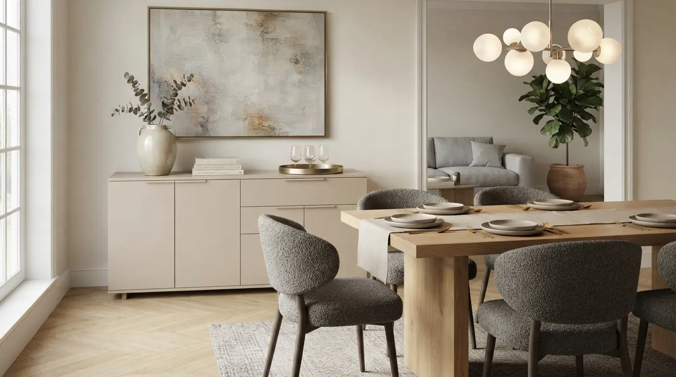 Comedor contemporáneo con uno de nuestros aparadores modernos lacado en tono arena combinado con sillas tapizadas en bouclé gris.