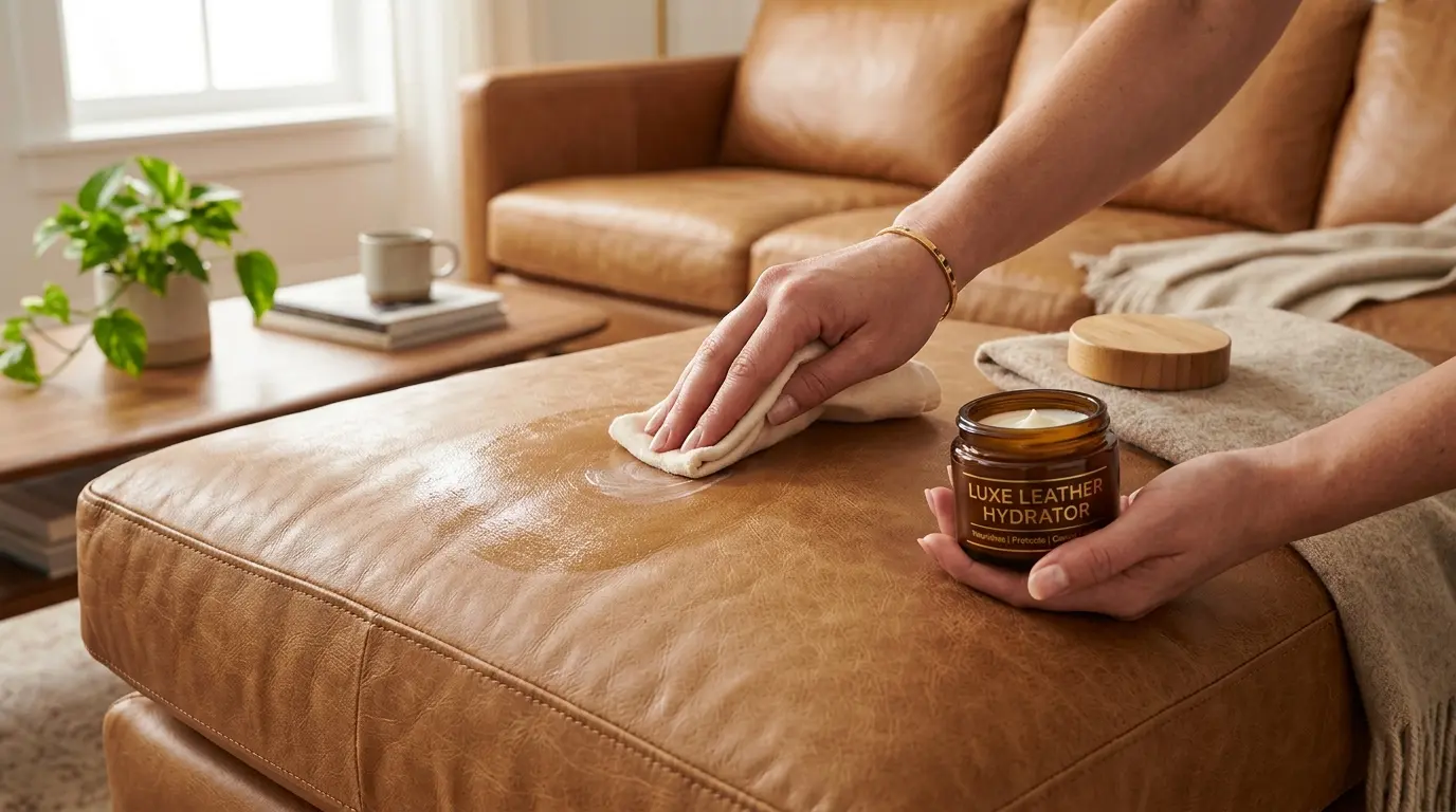Aplicación de crema hidratante específica sobre un sofá de cuero color camel para mantener la flexibilidad y el brillo natural de la piel.