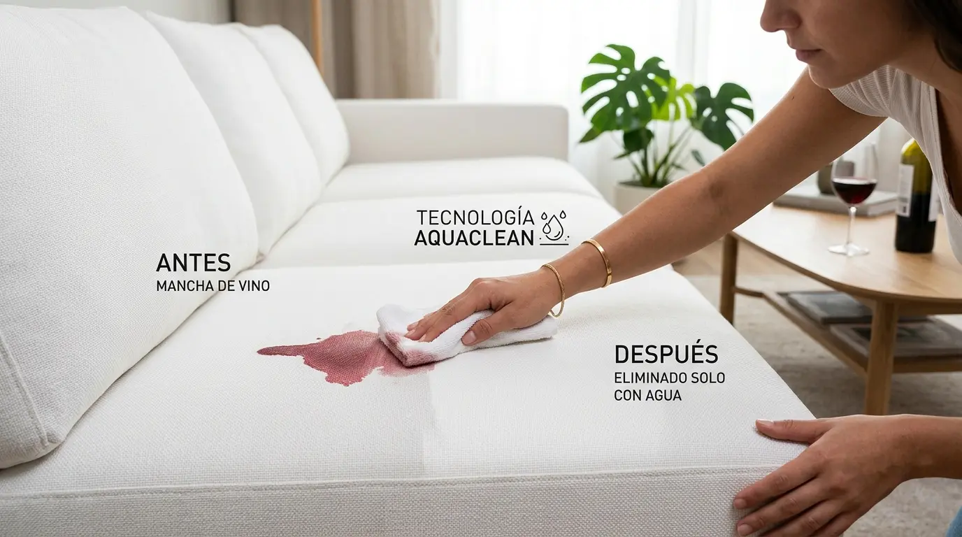 Demostración de tecnología Aquaclean eliminando una mancha de vino de un sofá blanco utilizando únicamente un paño con agua.
