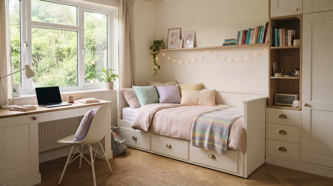 Habitación juvenil con cama nido blanca y textiles en tonos pastel