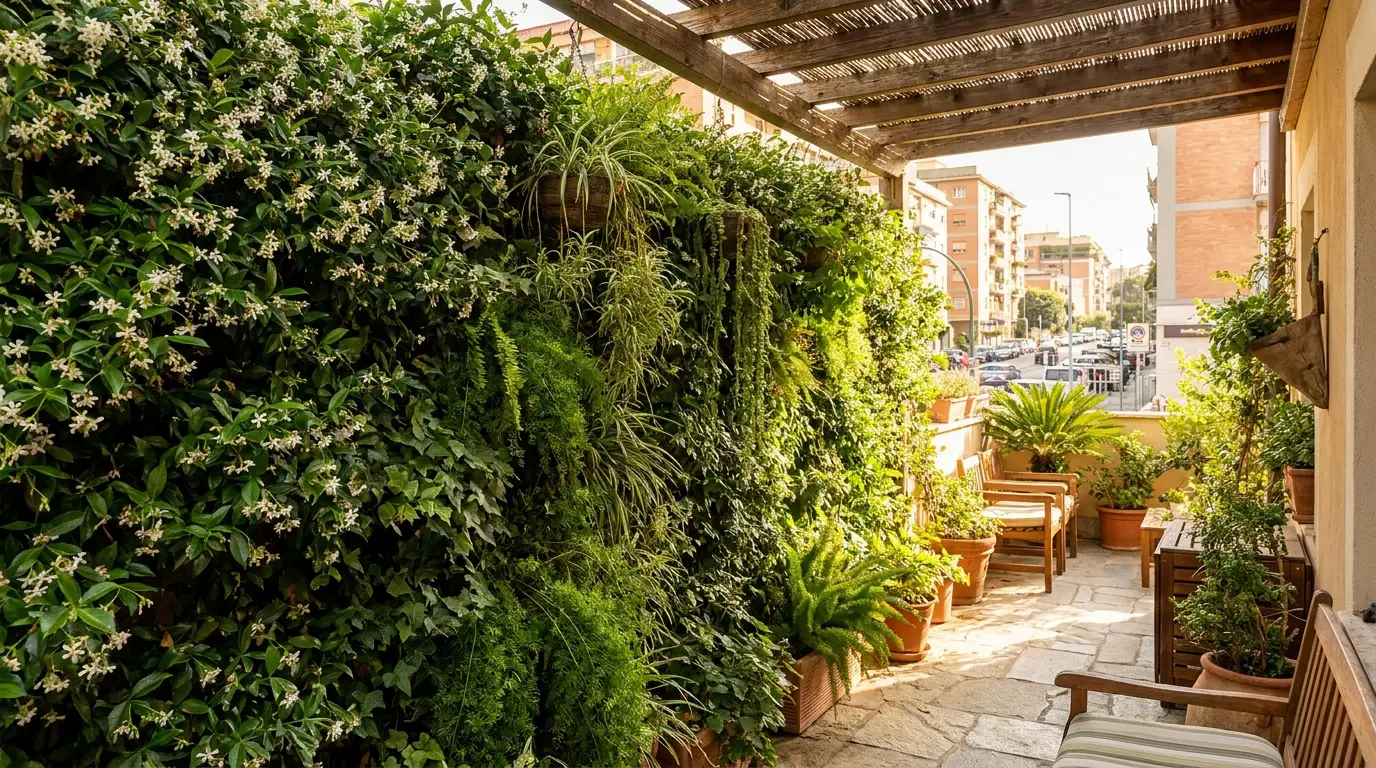 Jardín vertical en pared de terraza con jazmín y plantas colgantes para ganar privacidad y frescor natural en un balcón urbano.