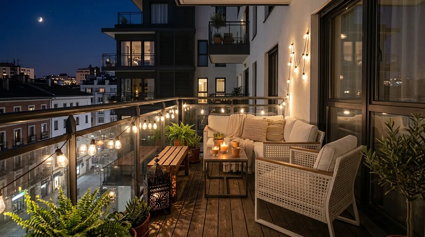 Terraza acogedora de noche iluminada con guirnaldas de luces de exterior y farolillos ambientales sobre suelo de madera.