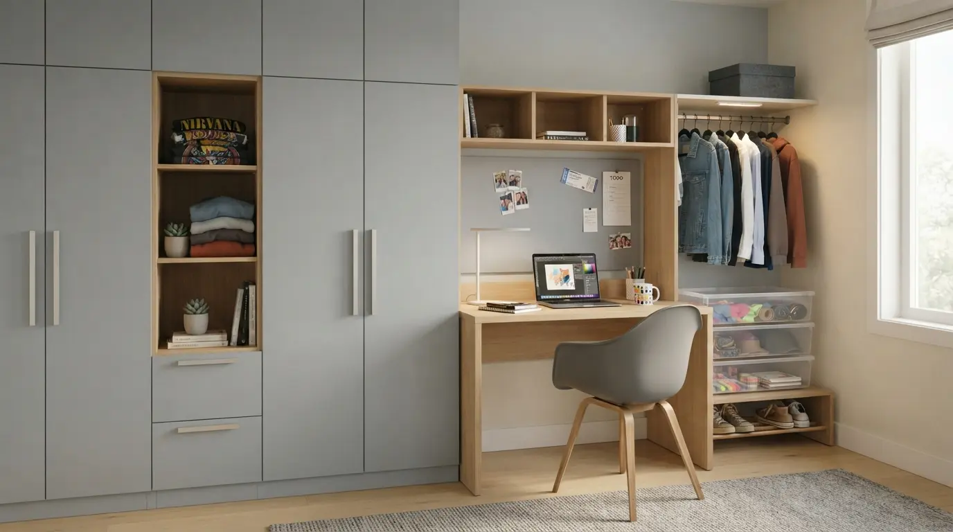 Dormitorio juvenil integrado con armario y escritorio en tonos gris ártico y madera