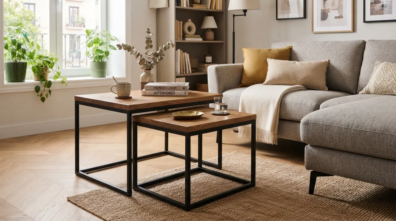 Juego de mesa nido de madera de roble y estructura de hierro junto al sofá, perfecta para organizar el salón y recibir visitas.