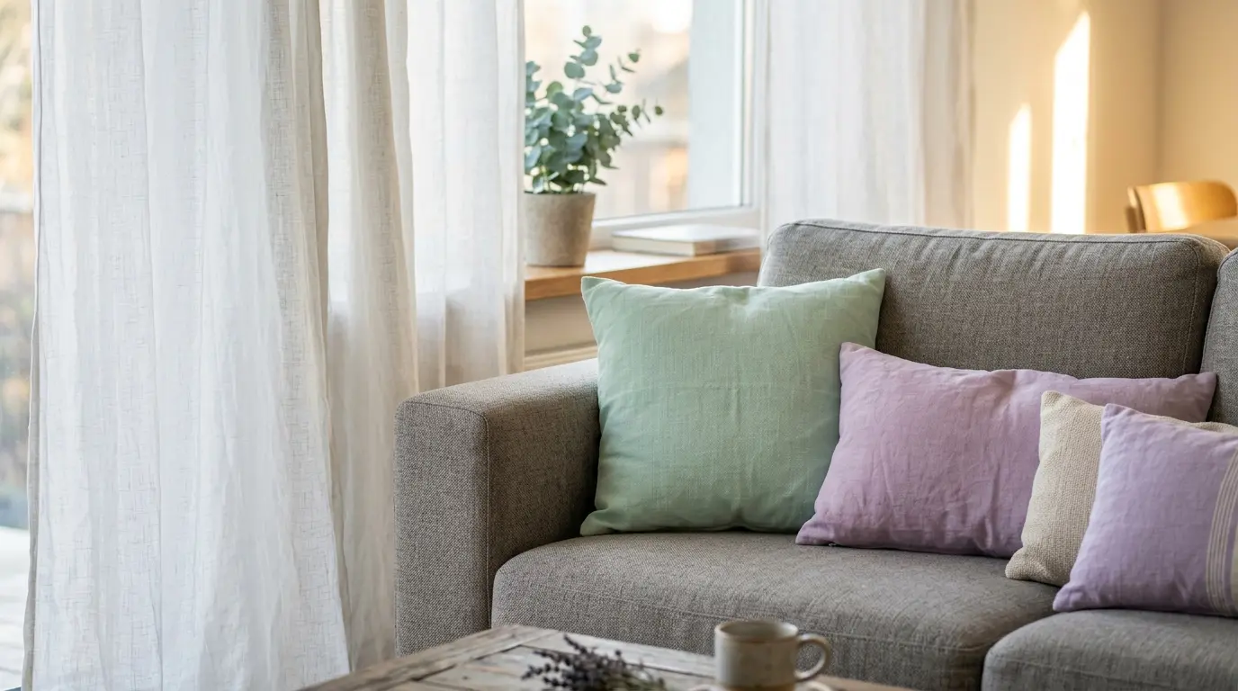 Detalle de sofá con cojines en tonos pastel verde menta y lavanda junto a cortinas de lino blanco que tamizan la luz del sol.