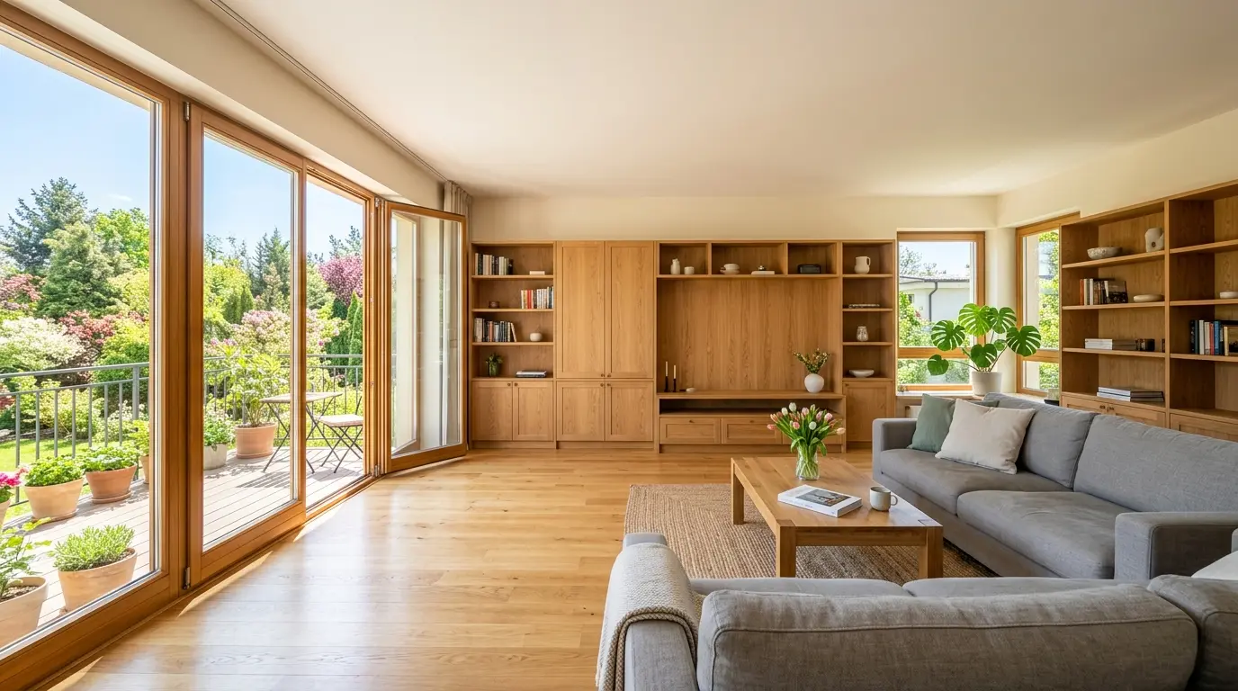 Salón amplio y despejado tras una limpieza de primavera, con muebles a medida de roble y ventanales abiertos que dejan entrar la luz natural.