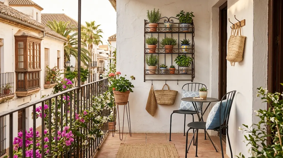 Decoración de terraza pequeña con muebles de patas finas y estanterías de hierro para liberar el suelo y ganar amplitud visual.