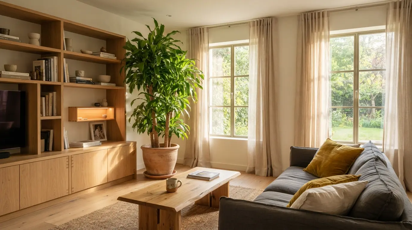 Salón decorado con una planta Tronco de Brasil junto a un mueble de roble a medida, destacando el contraste con los cojines en tono mostaza y visillos de lino.