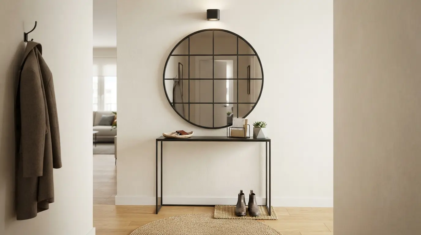 Decorar recibidor pequeño con una consola estrecha de metal negro y un gran espejo redondo de cuarterones que aporta profundidad.